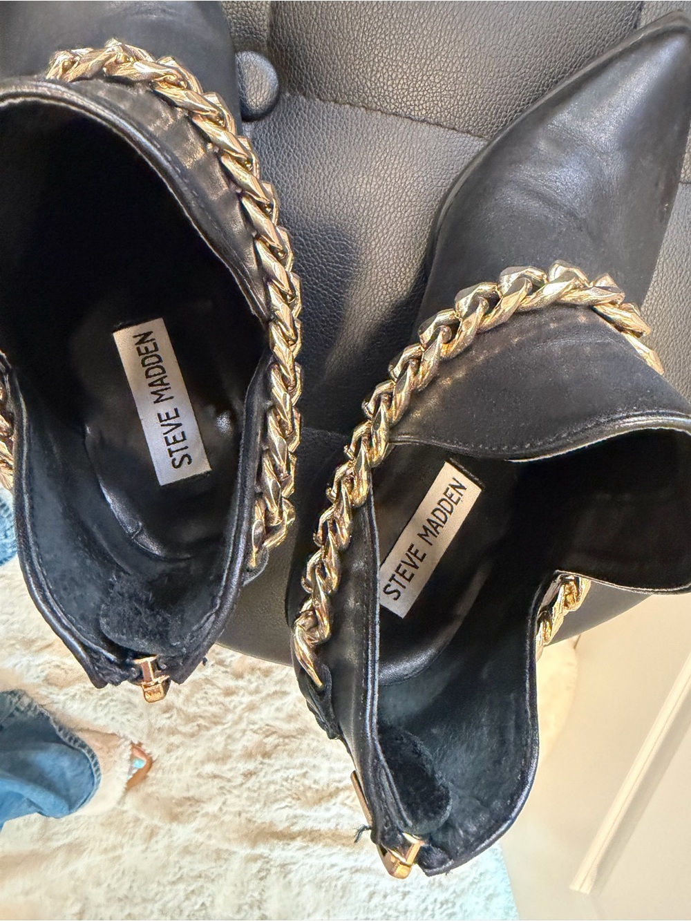 Steve Madden Black Ankle Booties with Gold Chain Trim